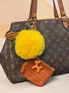 NEW Brown Yellow Orange Woven Pouch Balloon Dog Pom Pom Bag Charm Keychain Set
